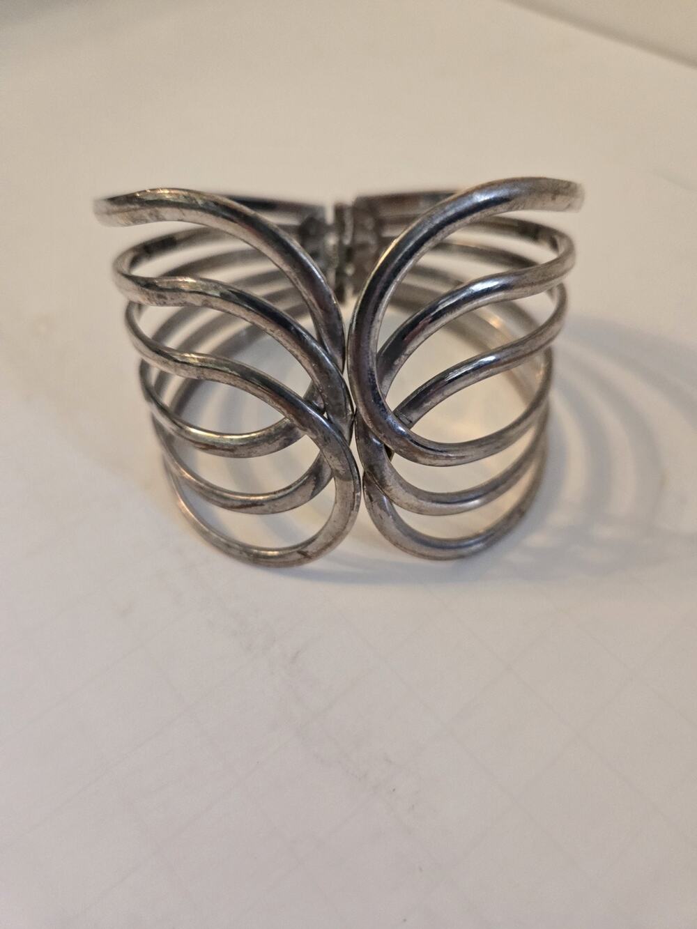 Clamper Cuff Chunky Statement Bracelet Metal Silver Tone Cut Out Womens